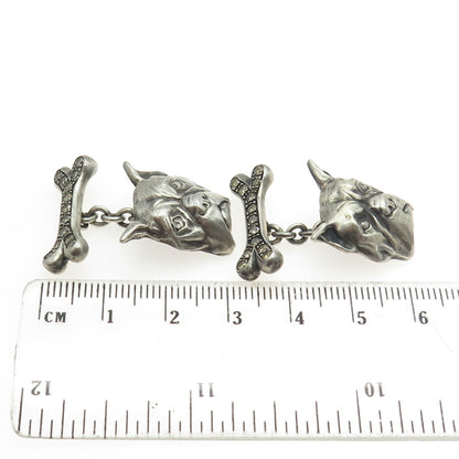 925 Sterling Silver Vintage Real Round-Cut Champagne Diamond Pit Bull Cufflinks