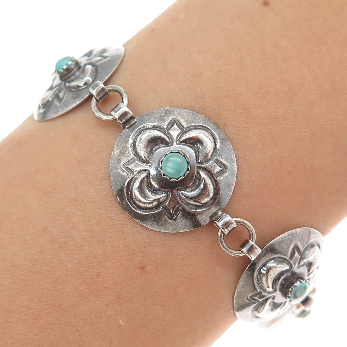 SHAWN NELSON NAVAJO Old Pawn 925 Sterling Vintage Turquoise Flower Bracelet 7"