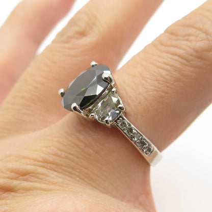 925 Sterling Silver Oval-Cut Dark Green & White C Z Ring Size 7.25