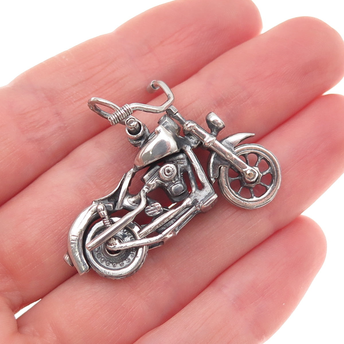 925 Sterling Silver Vintage Motorcycle Oxidized 3D Movable Charm Pendant