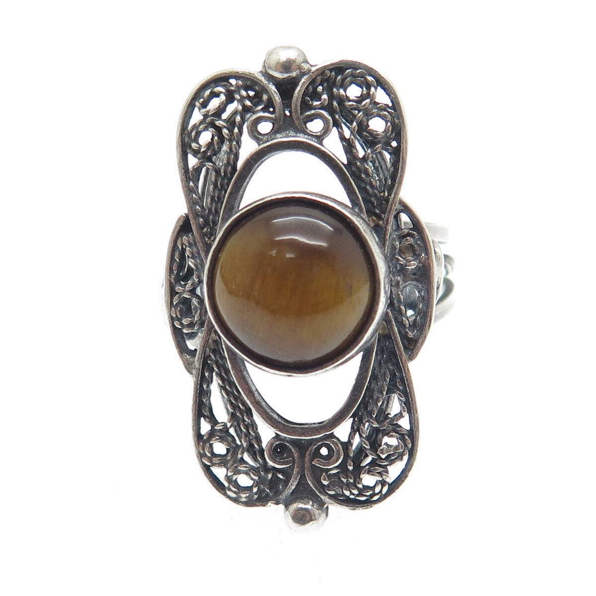 925 Sterling Silver Vintage Israel Tiger Eye Filigree Adjustable Ring Size 6.25