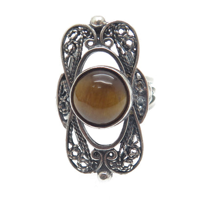 925 Sterling Silver Vintage Israel Tiger Eye Filigree Adjustable Ring Size 6.25