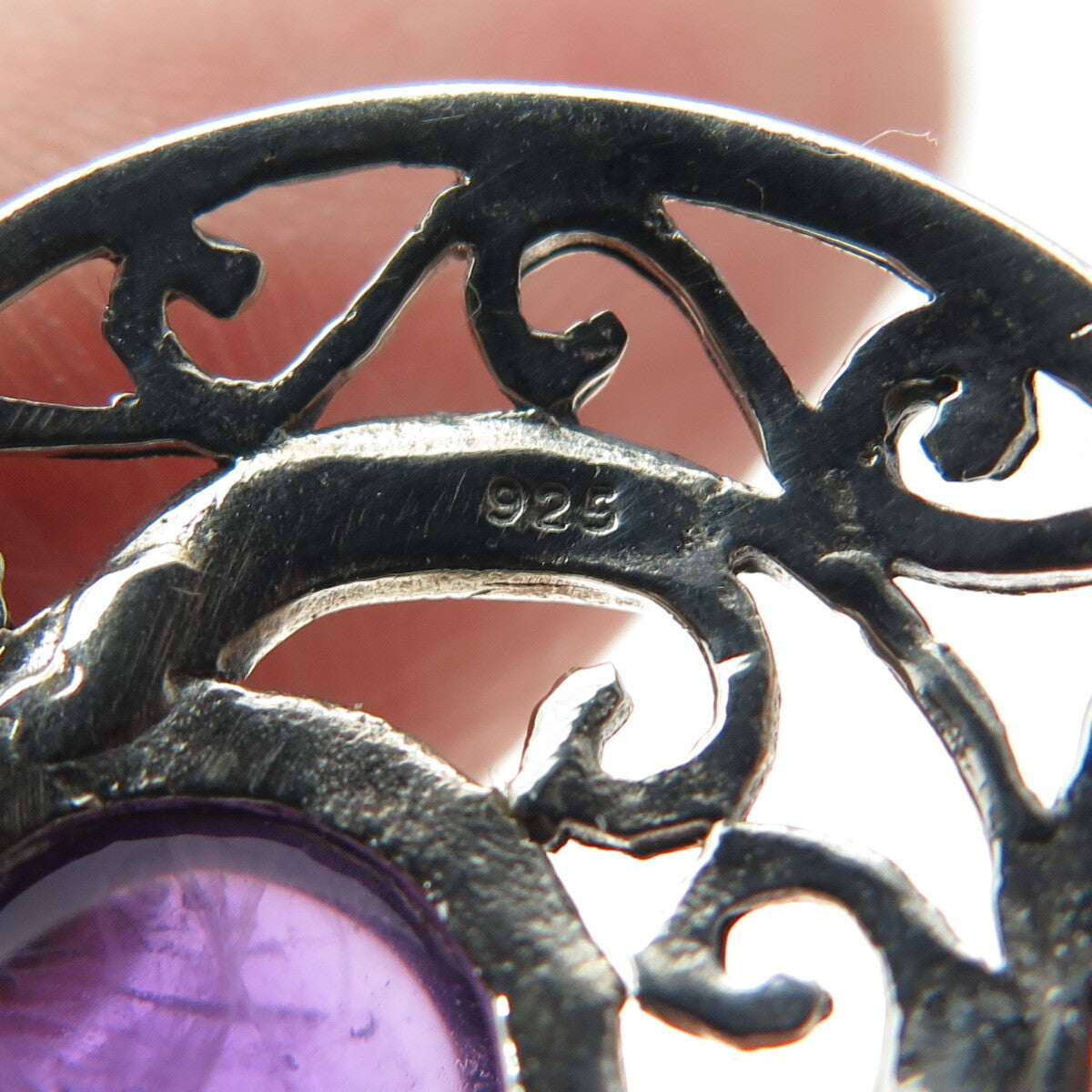 925 Sterling Silver Vintage Real Amethyst Gemstone Swirl Ornate Pendant