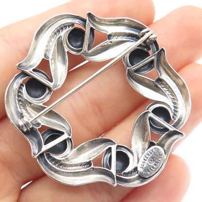 DANECRAFT 925 Sterling Silver Antique Art Deco Floral Circle Oxidized Pin Brooch