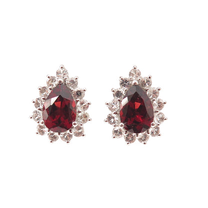 Harold Trujillo 925 Sterling Silver Real Red Garnet & C Z Teardrop Earrings