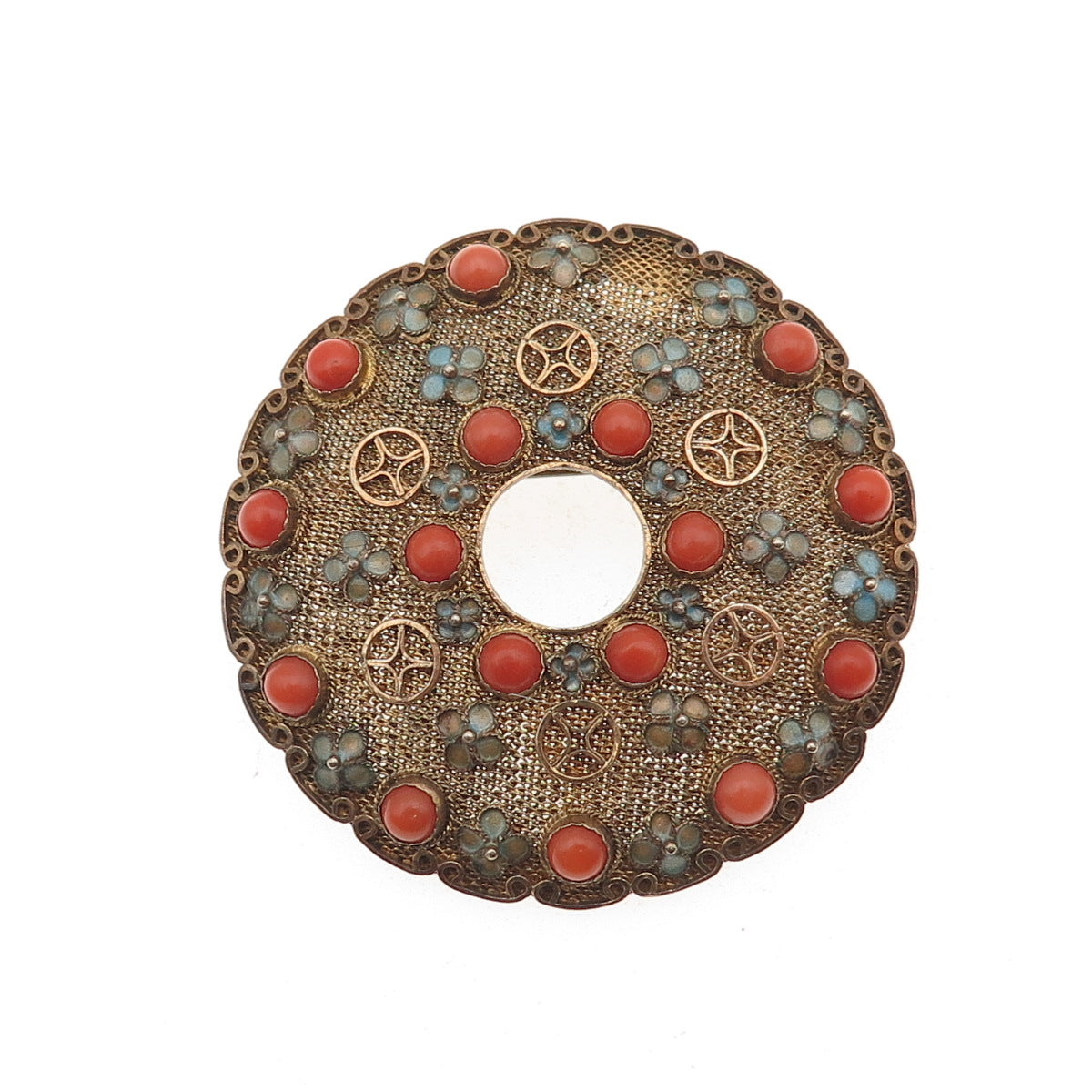 925 Sterling Silver Gold Plated Antique China Enamel Real Coral Floral Brooch