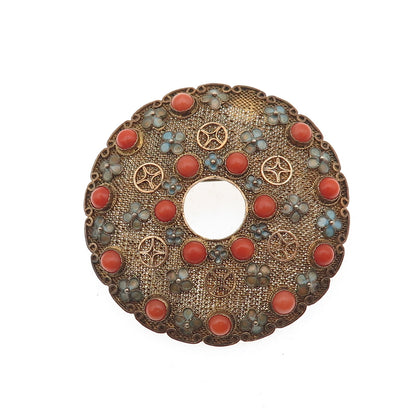 925 Sterling Silver Gold Plated Antique China Enamel Real Coral Floral Brooch