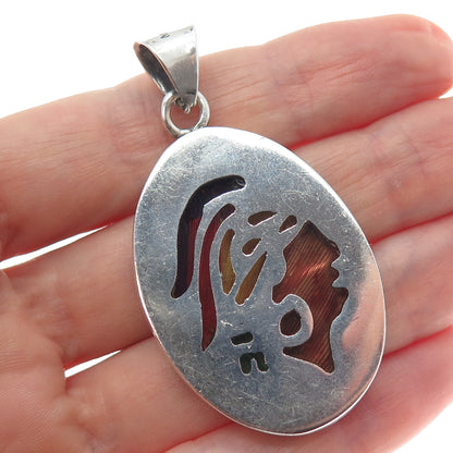 925 Sterling Silver Vintage Mexico Enamel Indian Chief Charm Pendant