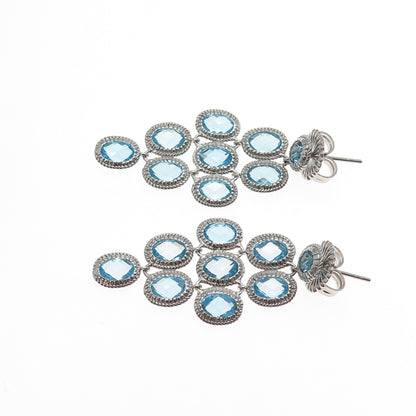 925 Sterling Silver Real Blue Topaz Cluster Dangle Earrings