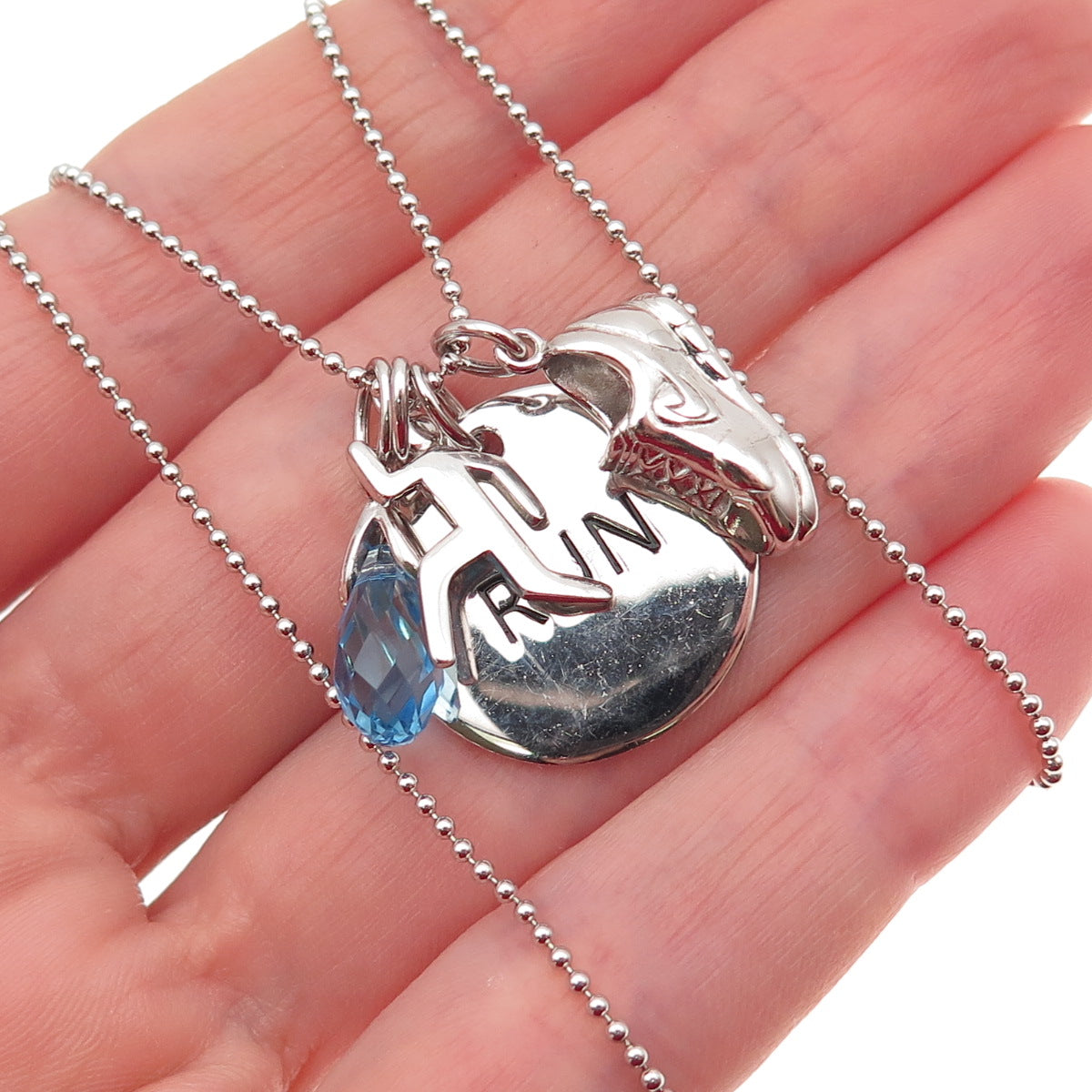 925 Sterling Silver Blue C Z Run Club Charms Beaded Chain Necklace 18"