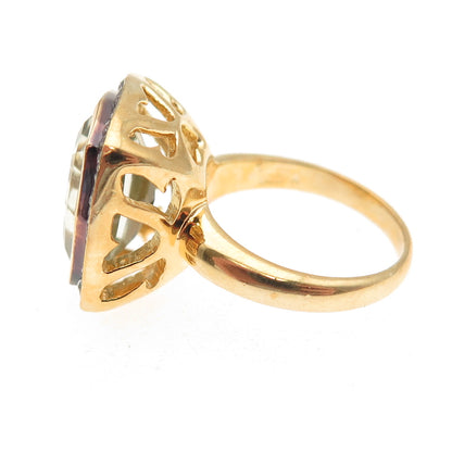 925 Sterling Silver Gold Plated Real Diamond & Green Amethyst Ring Size 4.75