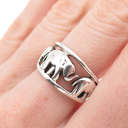 925 Sterling Silver Vintage Elephant Family Oxidized Ring Size 9