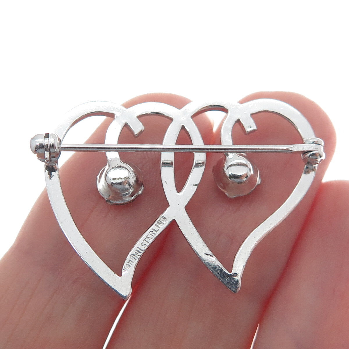 VAN DELL 925 Sterling Silver Antique Art Deco Blue & Red Rhinestone Heart Brooch