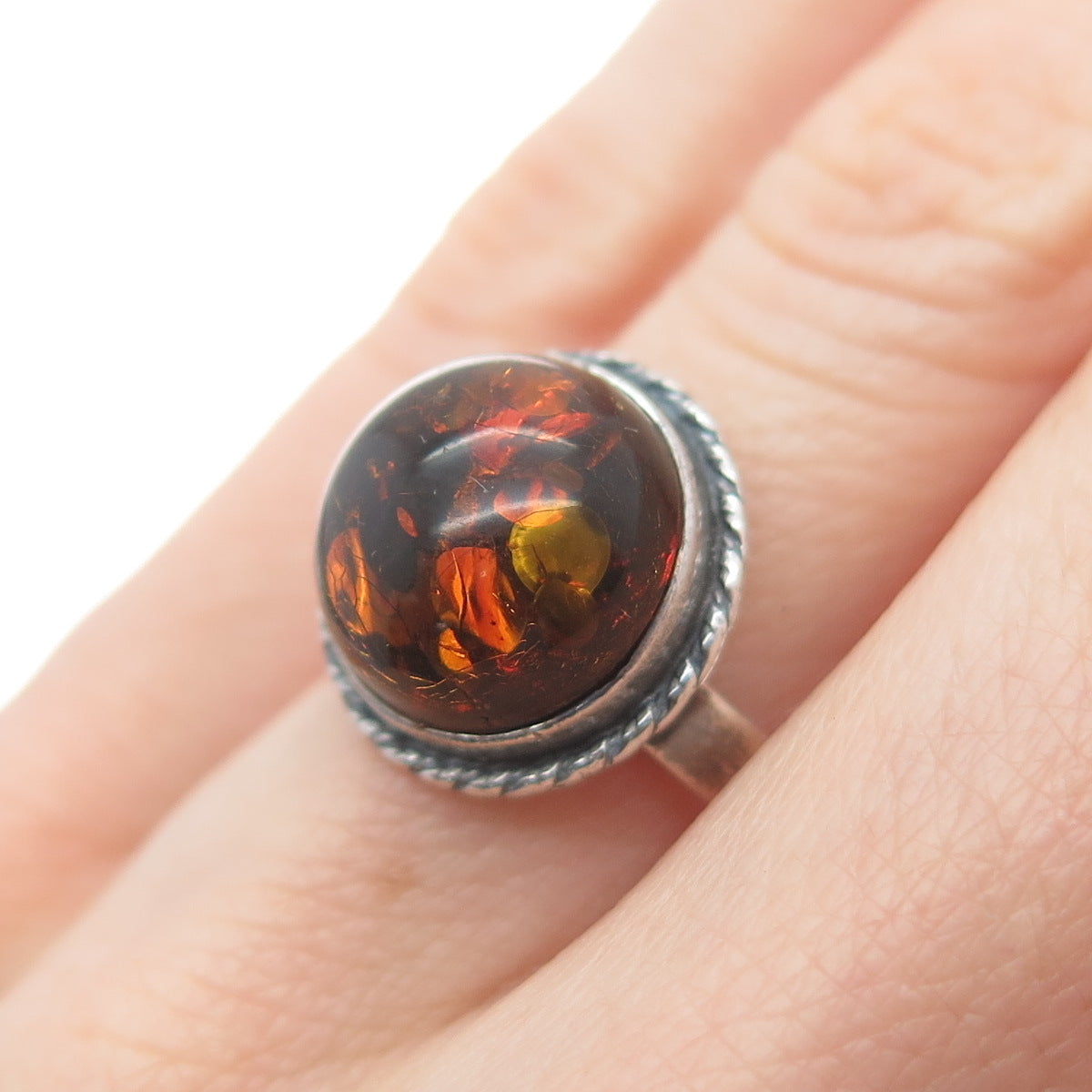 925 Sterling Silver Vintage Real Amber Modernist Oxidized Ring Size 6.5
