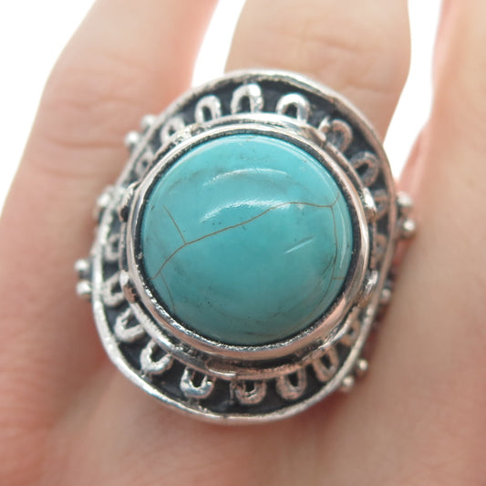 925 Sterling Silver Vintage Real Mountain Turquoise Sun Oxidized Ring Size 10.75