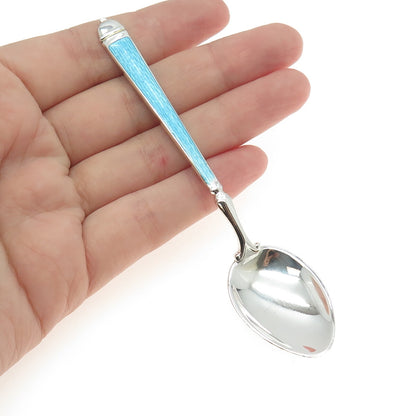 WATSON 925 Sterling Silver Vintage Blue & White Guilloche Enamel Coffee Spoon