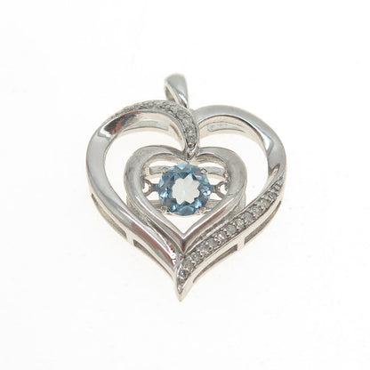 REGINA LANE 925 Sterling Silver Real Round-Cut Diamond Blue Topaz Heart Pendant