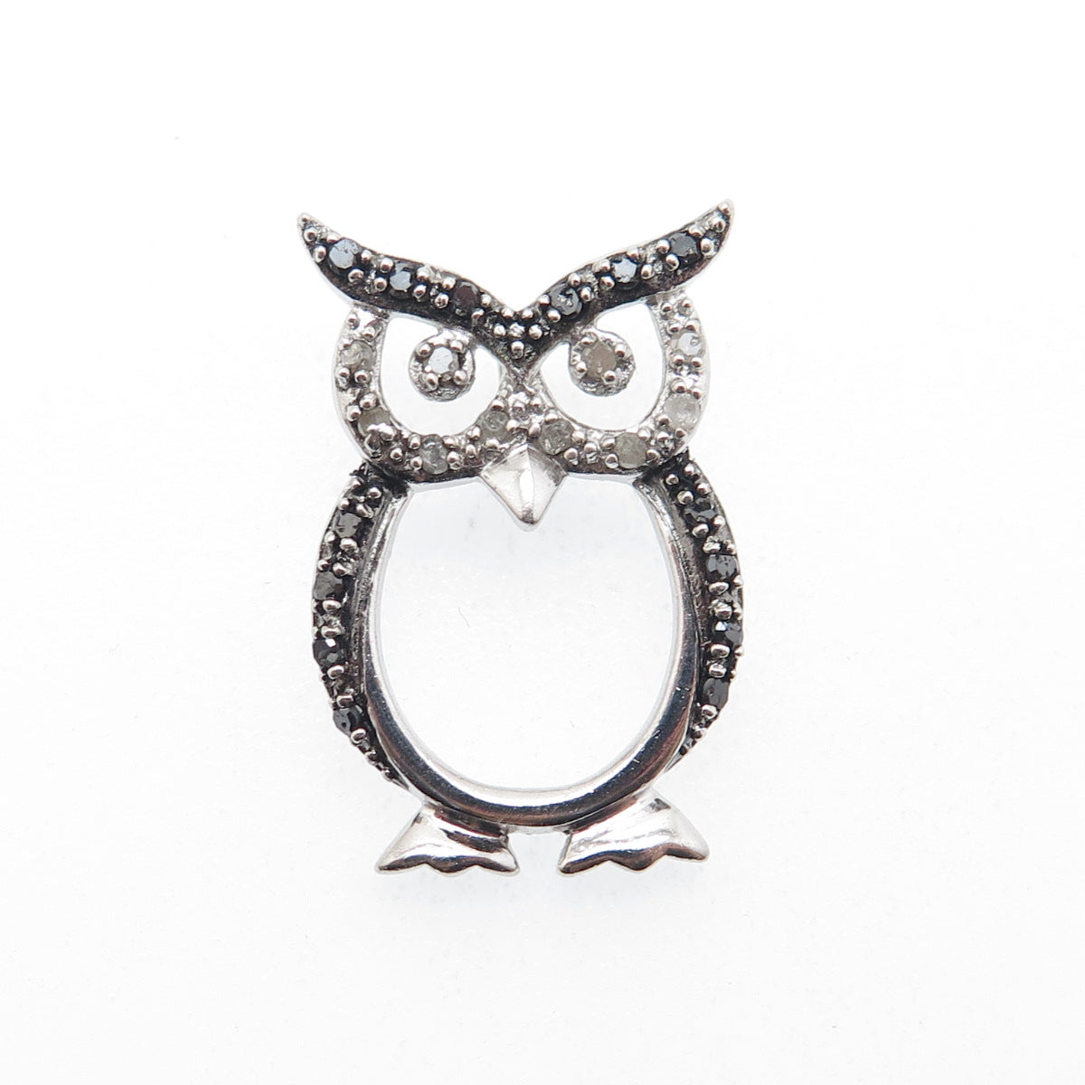 CHARLES WINSTON 925 Sterling Silver Real Black & White Diamond Owl Slide Pendant
