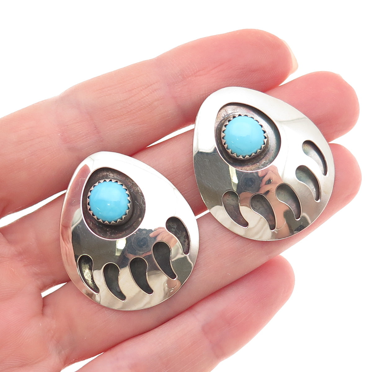 Old Pawn 925 Sterling Silver Vintage Southwestern Turquoise Bear Paw Earrings