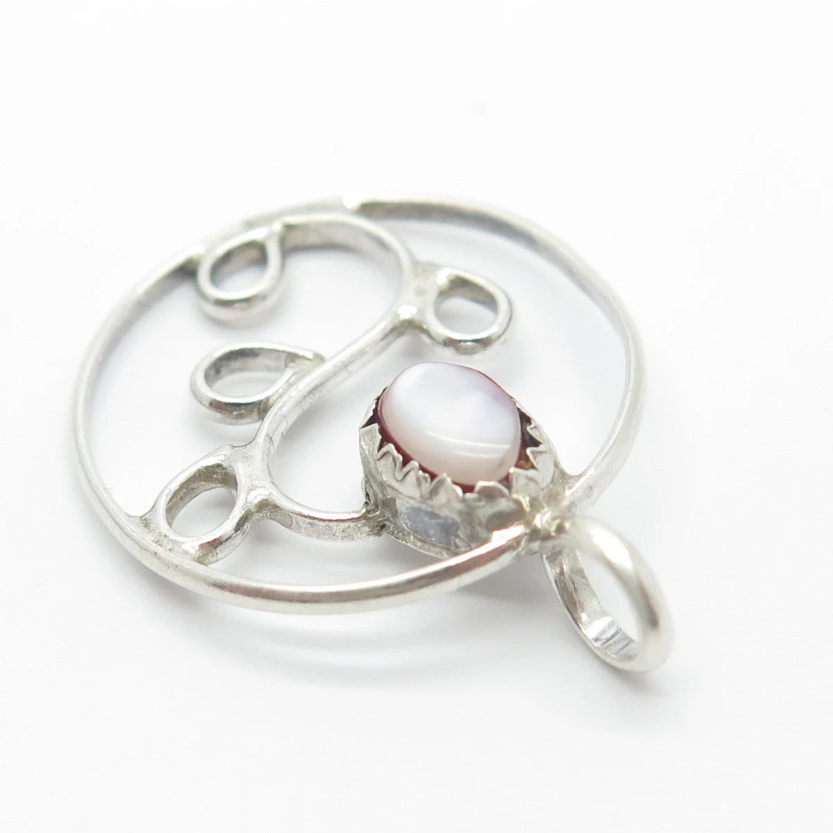 925 Sterling Silver Vintage Real Mother-of-Pearl Ornate Pendant