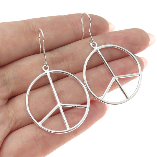 925 Sterling Silver Vintage Peace Symbol Round Dangle Earrings