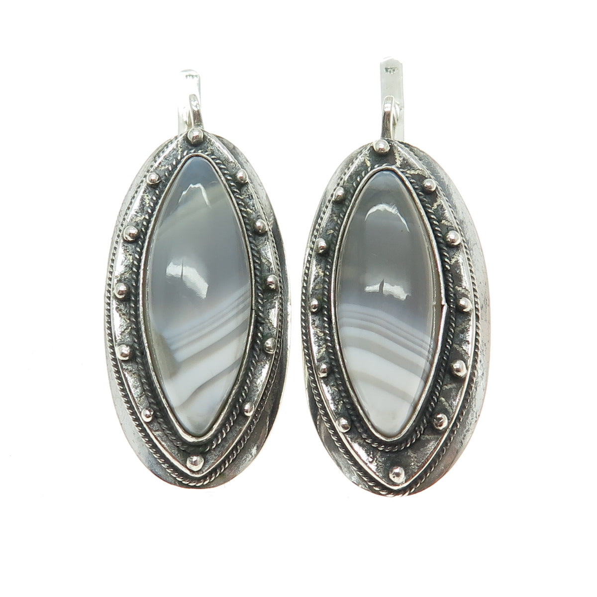 925 Sterling Silver Vintage Real Marquise-Cut Agate Modernist Oxidized Earrings