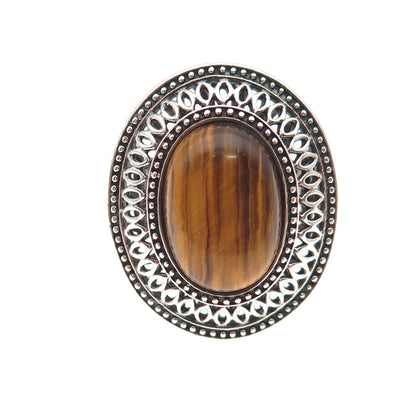 925 Sterling Silver Vintage Real Cabochon Tiger Eye Oxidized Ring Size 6