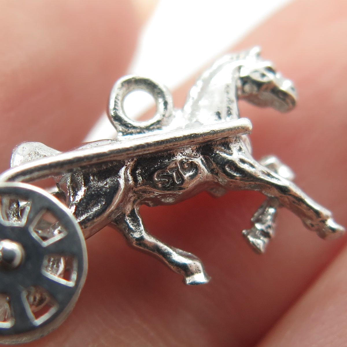 925 Sterling Silver Antique Art Deco Horse Carriage 3D Pendant