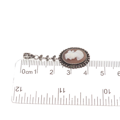 925 Sterling Silver Antique Art Deco Real MOP Lady Cameo Cannetille Pendant
