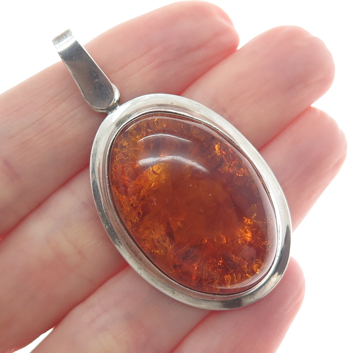 925 Sterling Silver Vintage Poland Real Cabochon Amber Pendant