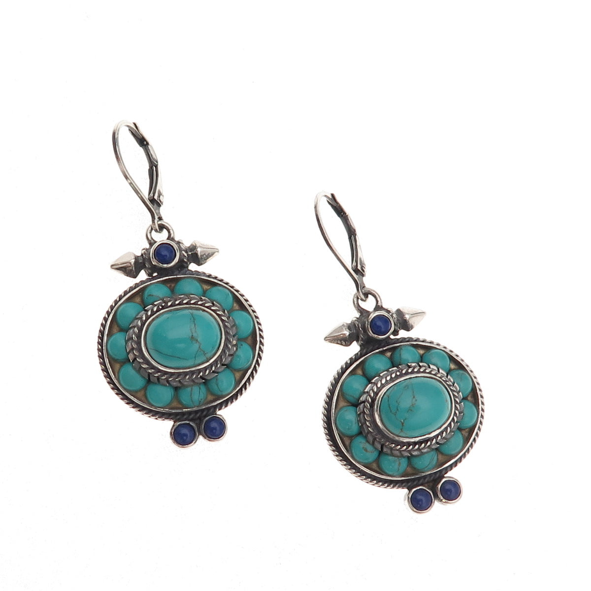 925 Sterling Silver Vintage Real Turquoise & Lapis Oxidized Dangle Earrings