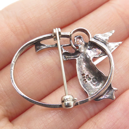 JEZLAINE 925 Sterling Silver Vintage Angel Playing Trumpet Flying Pin Brooch