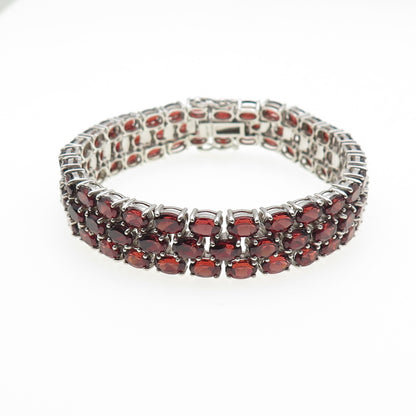 925 Sterling Silver Vintage Real Oval-Cut Red Garnet 3-Row Link Bracelet 7.5"