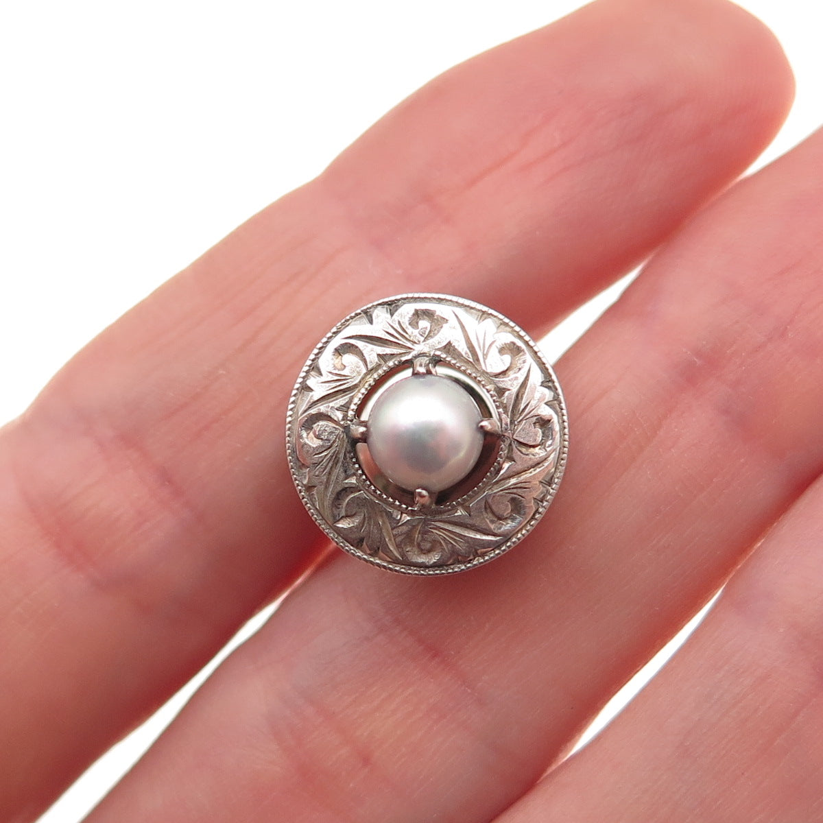 925 Sterling Silver Antique Art Deco Real Pearl Floral Tie Tack / Lapel Pin