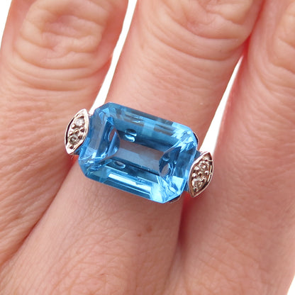 925 Sterling Silver 2-Tone Mexico Real Diamond & Blue Topaz Ring Size 7