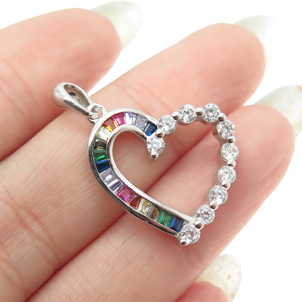 925 Sterling Silver Multi-Color C Z Open Heart Pendant