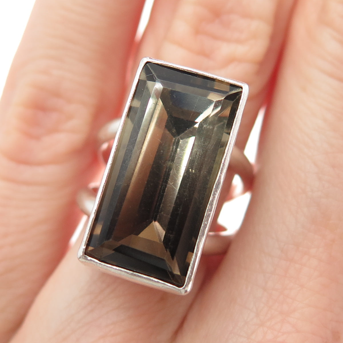 925 Sterling Silver Vintage Real Smoky Quartz Statement Ring Size 5.5