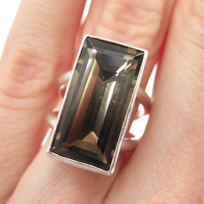 925 Sterling Silver Vintage Real Smoky Quartz Statement Ring Size 5.5