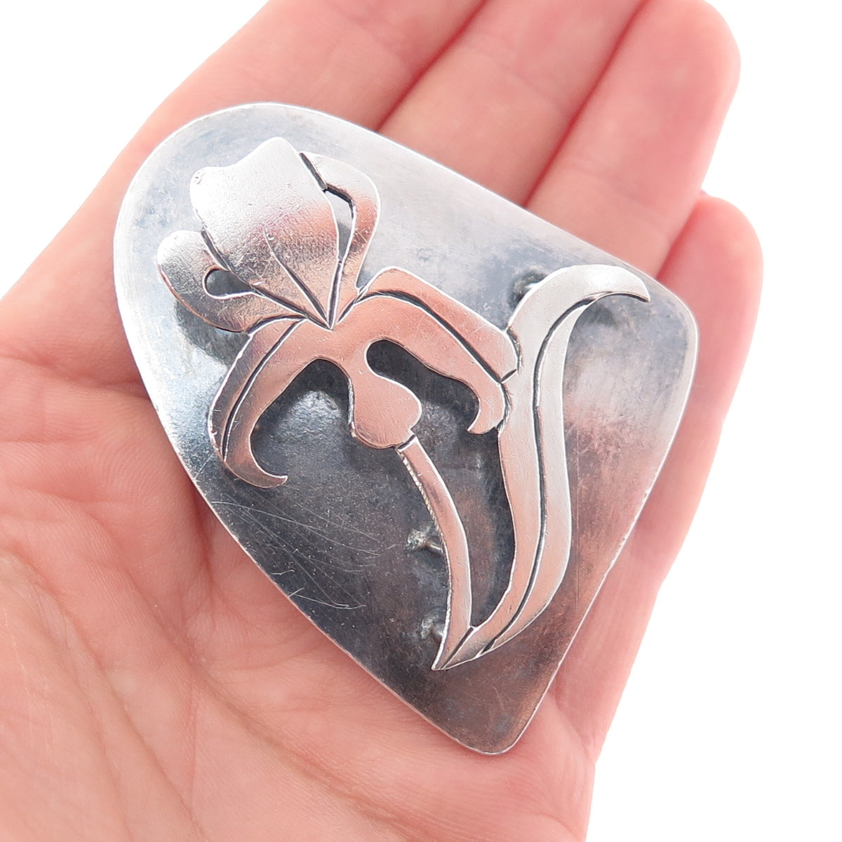 BRACKA 925 Sterling Silver Vintage Iris Flower Modernist Oxidized Pin Brooch