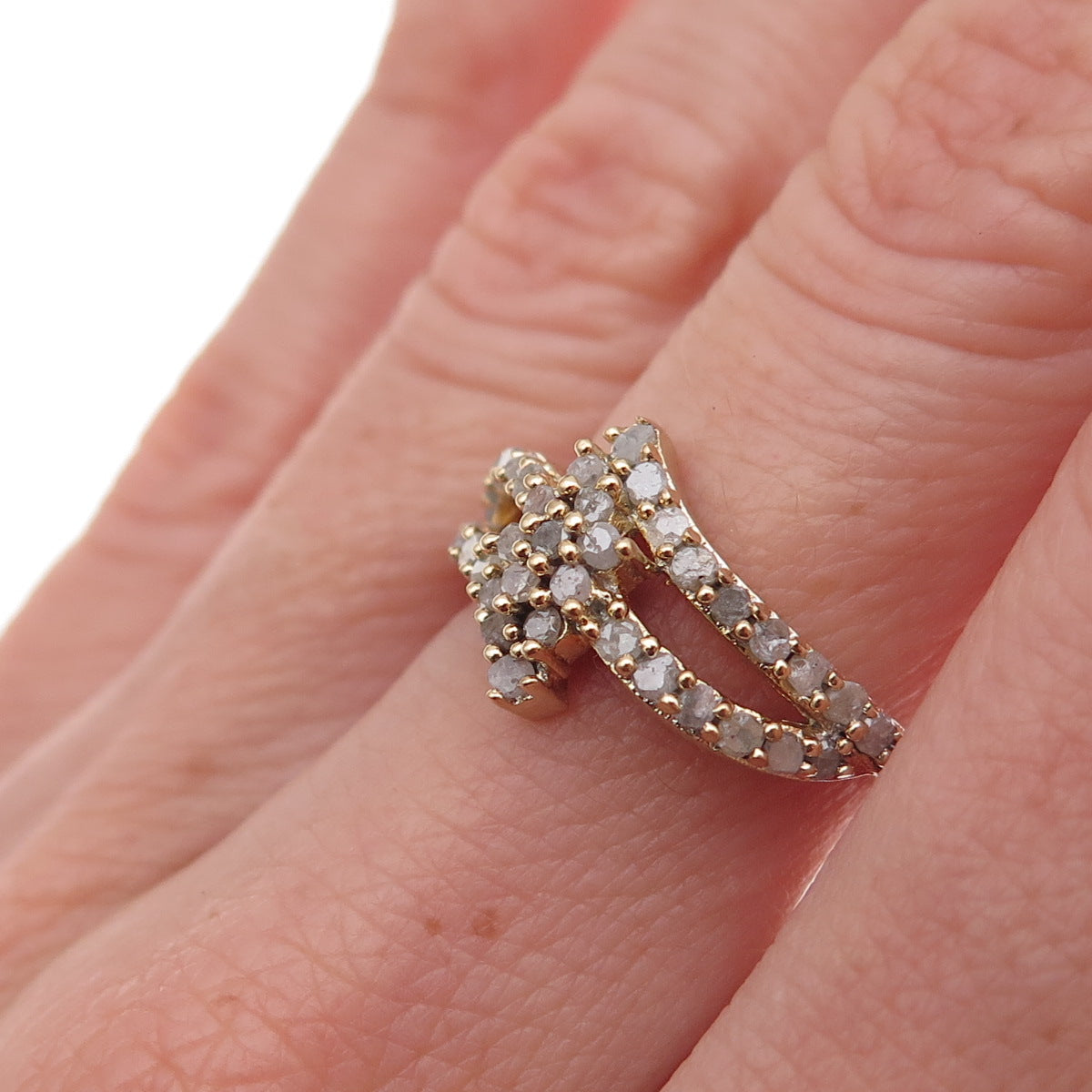 925 Sterling Silver Gold Plated Real Round-Cut Diamond Bypass Ring Size 6.25