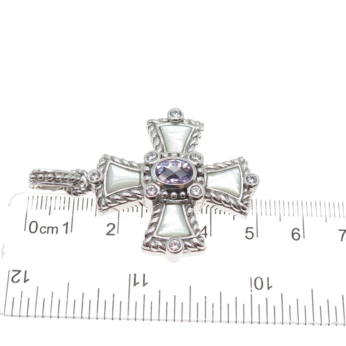 JUDITH RIPKA 925 Sterling Silver Real Amethyst MOP & C Z Cross Charm Pendant