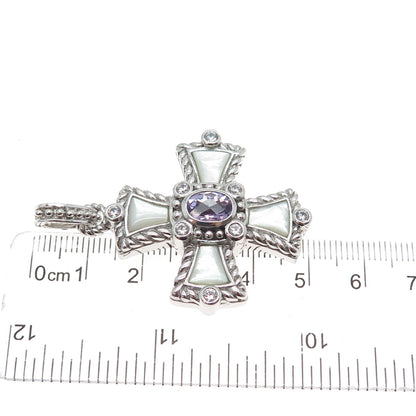 JUDITH RIPKA 925 Sterling Silver Real Amethyst MOP & C Z Cross Charm Pendant