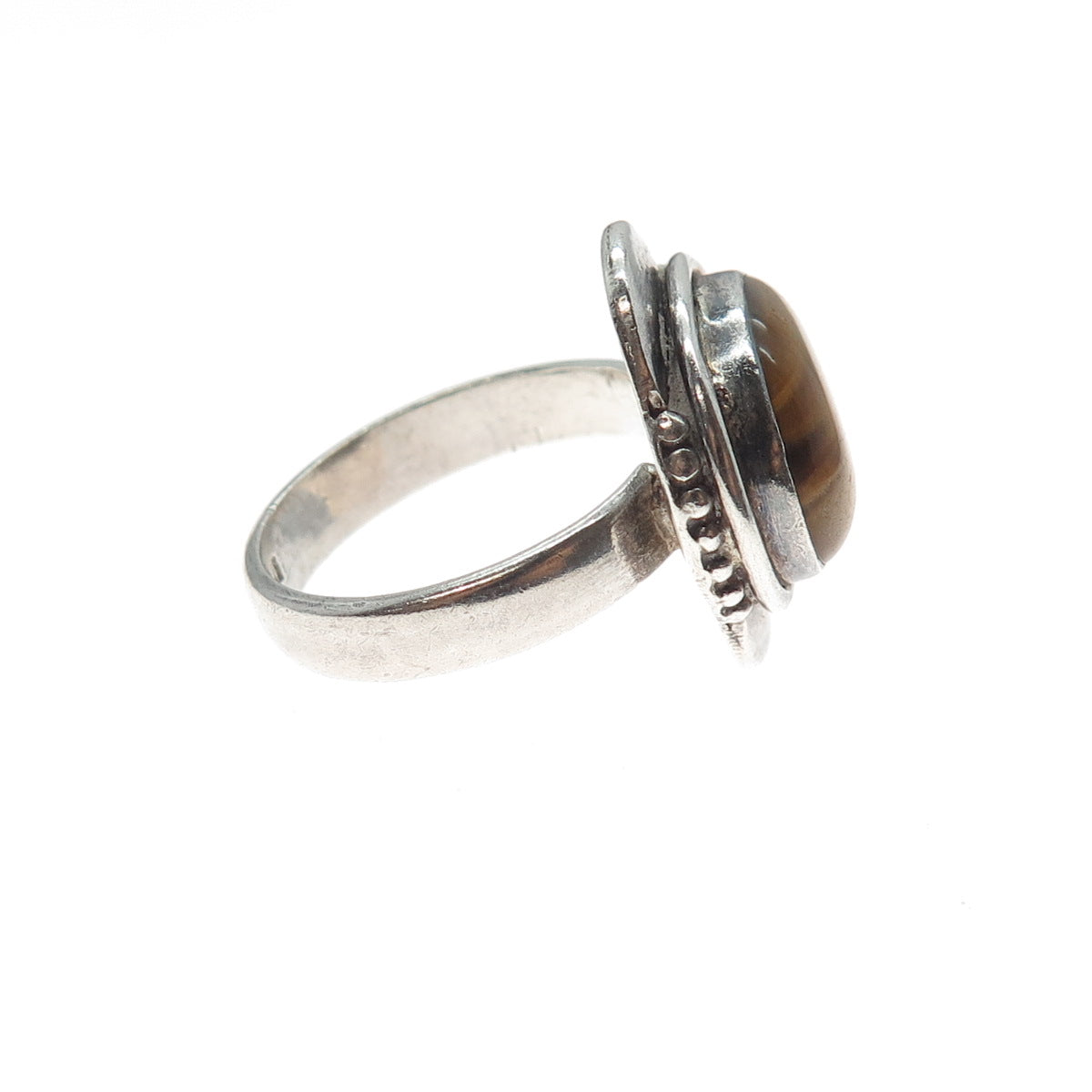925 Sterling Silver Vintage Real Tiger Eye Modernist Oxidized Ring Size 8.25
