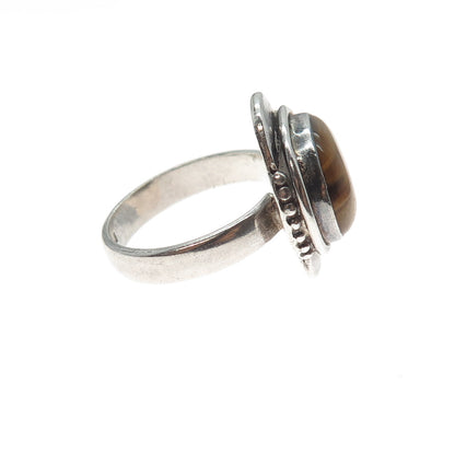 925 Sterling Silver Vintage Real Tiger Eye Modernist Oxidized Ring Size 8.25