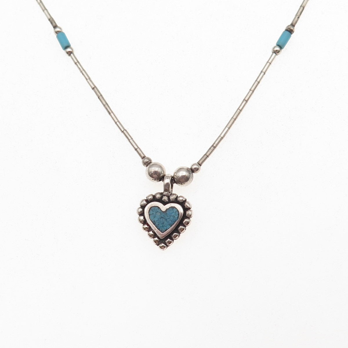 Sunwest Old Pawn 925 Sterling Vintage Turquoise Inlay Heart Liquid Necklace 16"