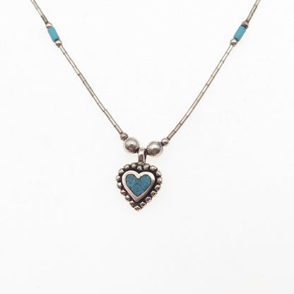 Sunwest Old Pawn 925 Sterling Vintage Turquoise Inlay Heart Liquid Necklace 16"