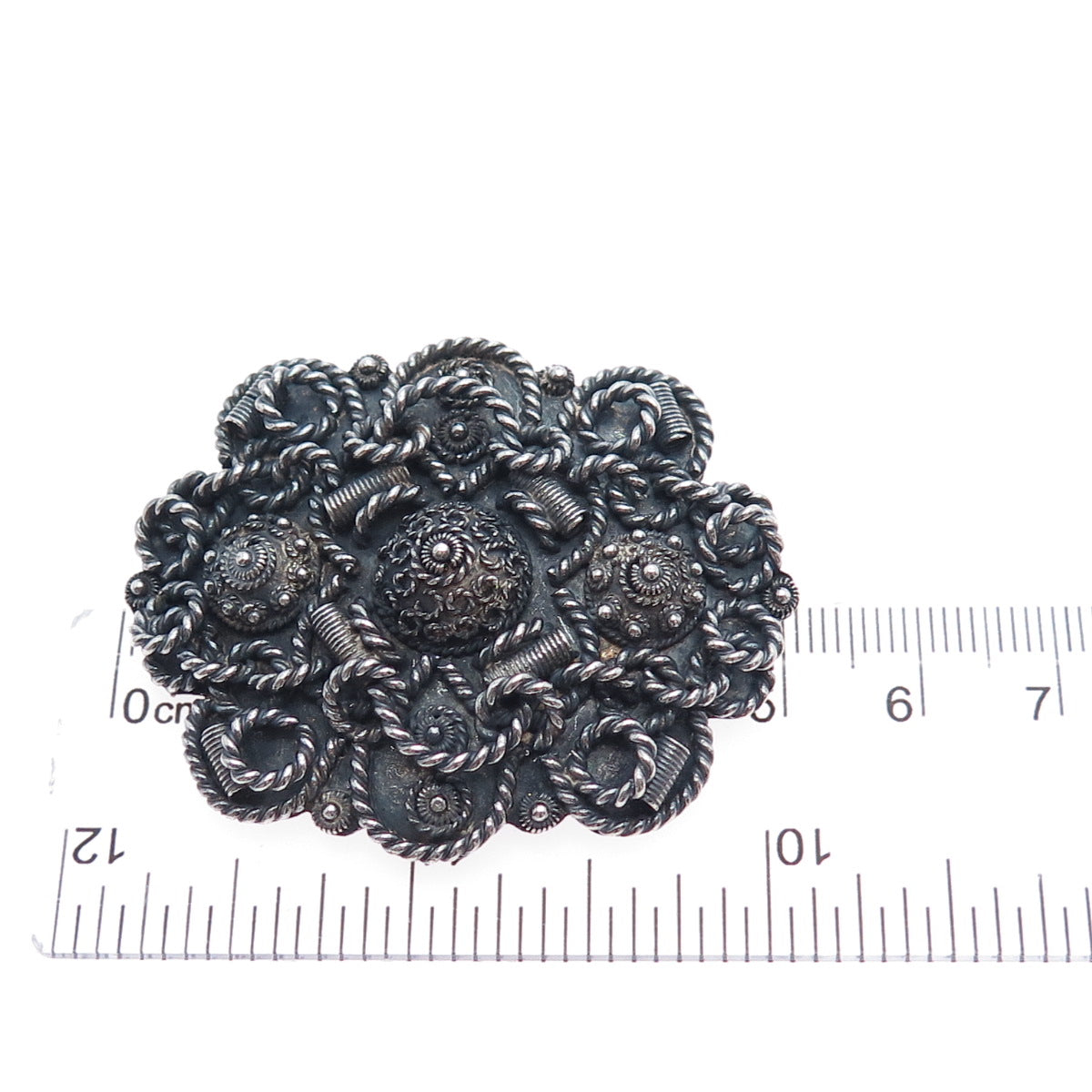 925 Sterling Silver Vintage Israel Cannetille Flower Oxidized Brooch / Pendant