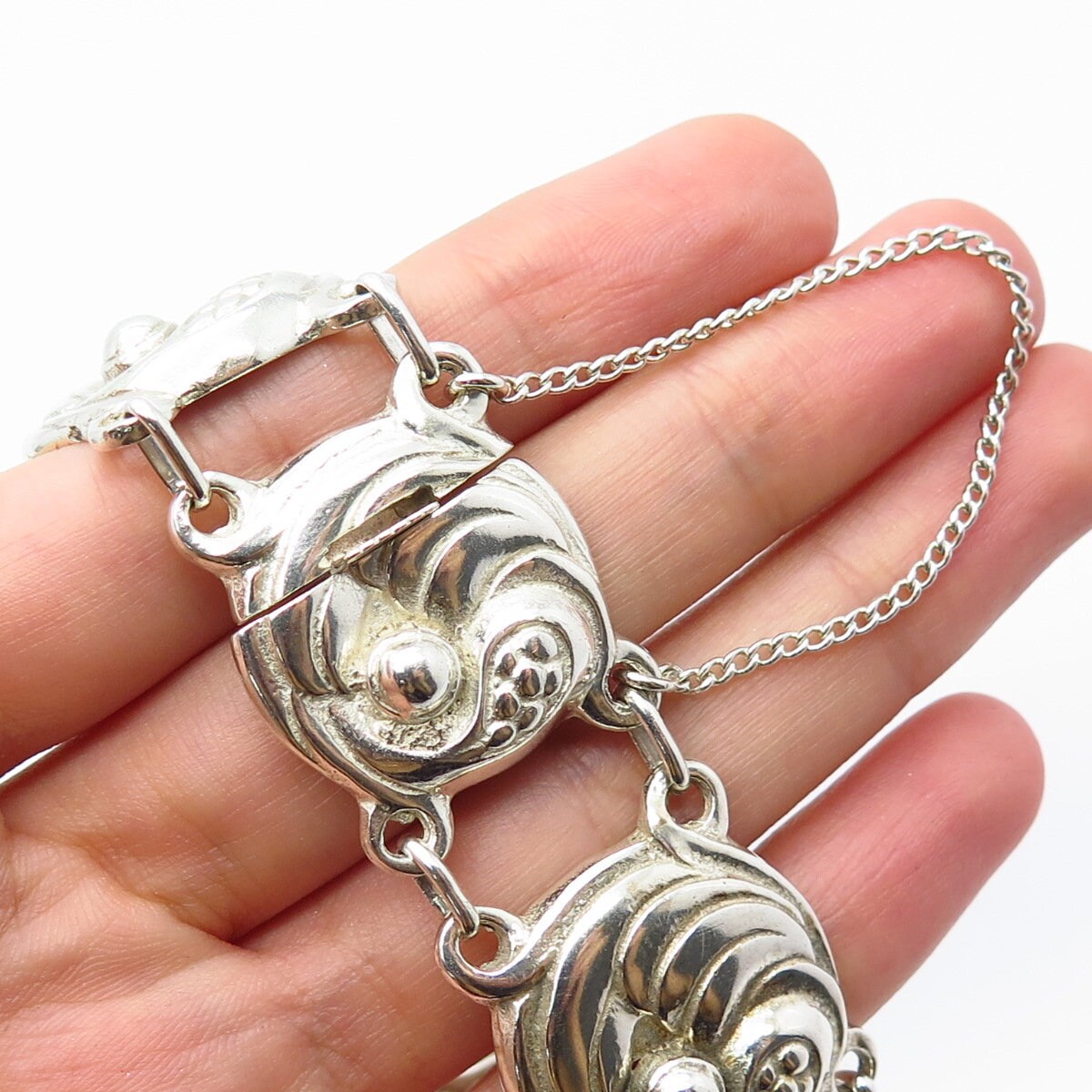 925 Sterling Silver Vintage Ribbed Round Panel Link Bracelet 7''