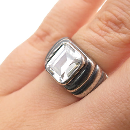 925 Sterling Silver Vintage Emerald-Cut C Z Modernist Oxidized Ring Size 6