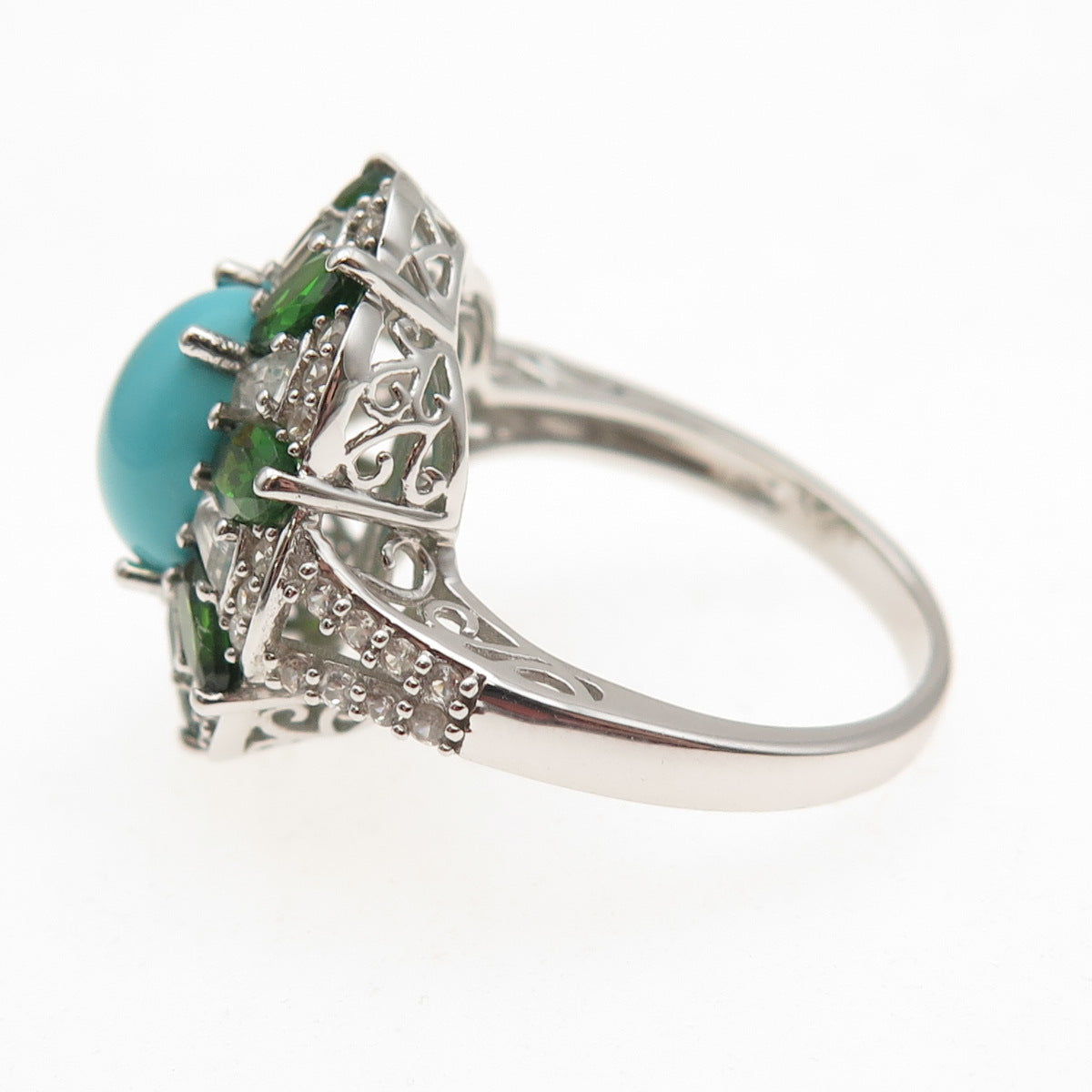 925 Sterling Silver Real Turquoise Peridot & White Topaz Ring Size 8.25
